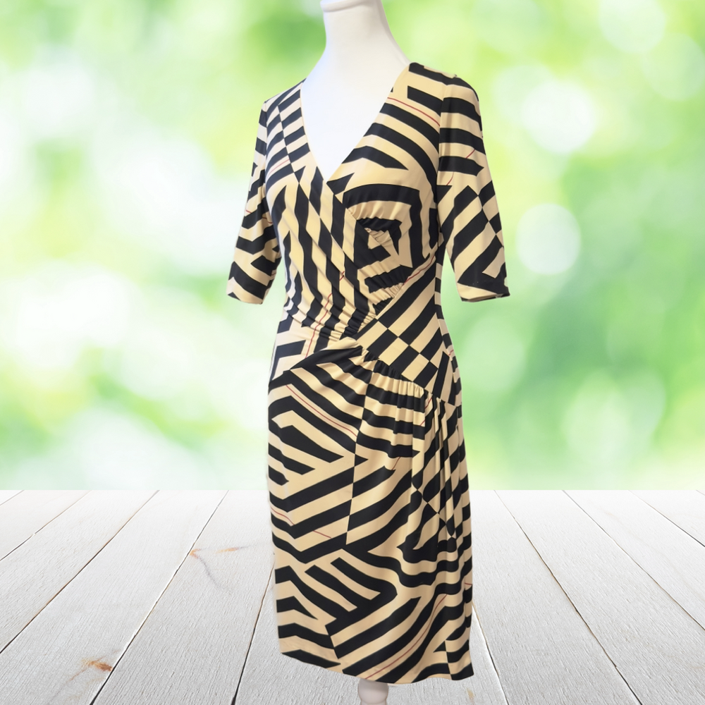 Vintage Y2K DONNA RICCO Geometric Sheath Dress Surplice Ruched Asymmetric Size 4